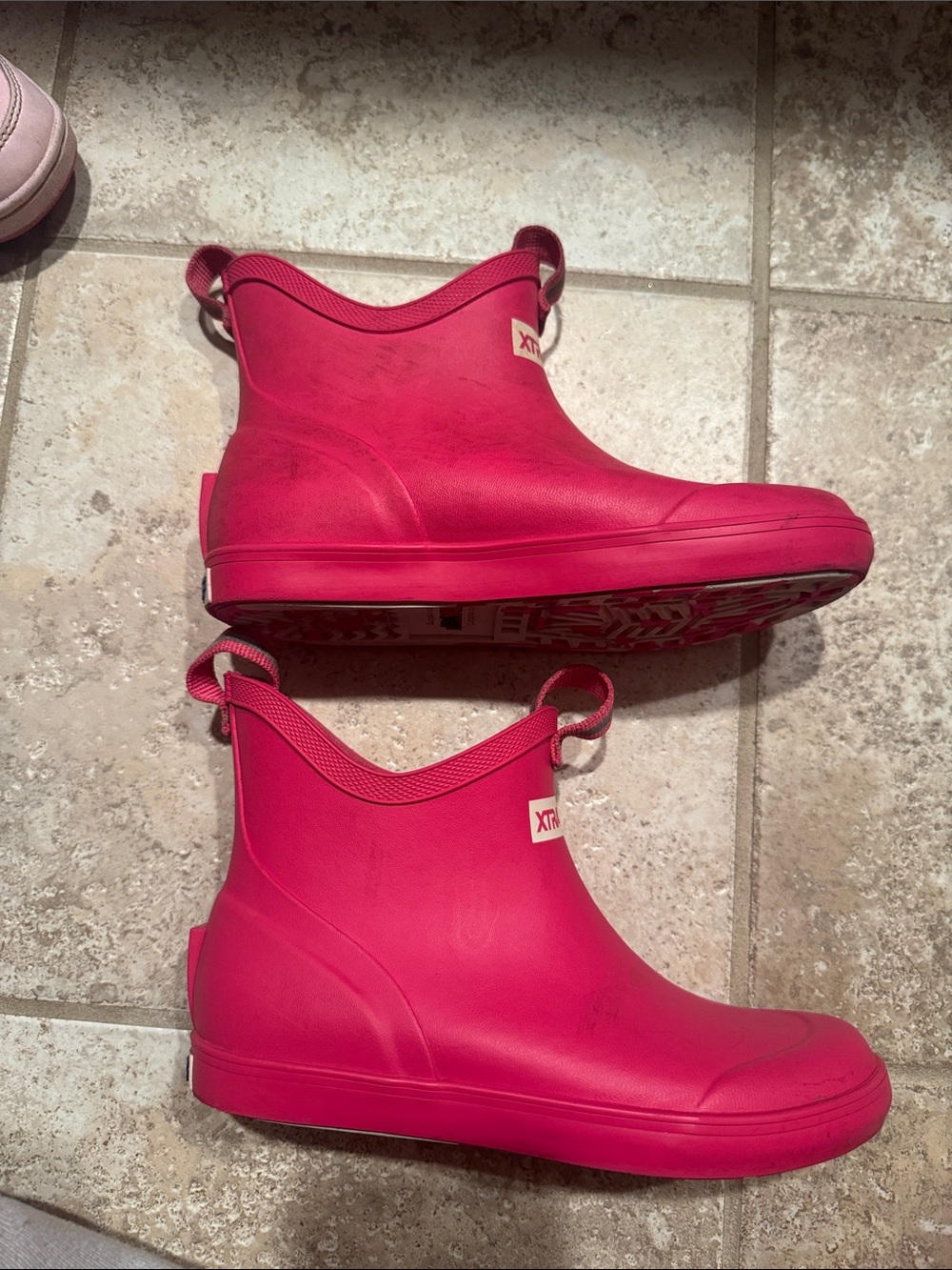 Kids Pink Waterproof Ankle Rain Boots with Easy Pull Tabs